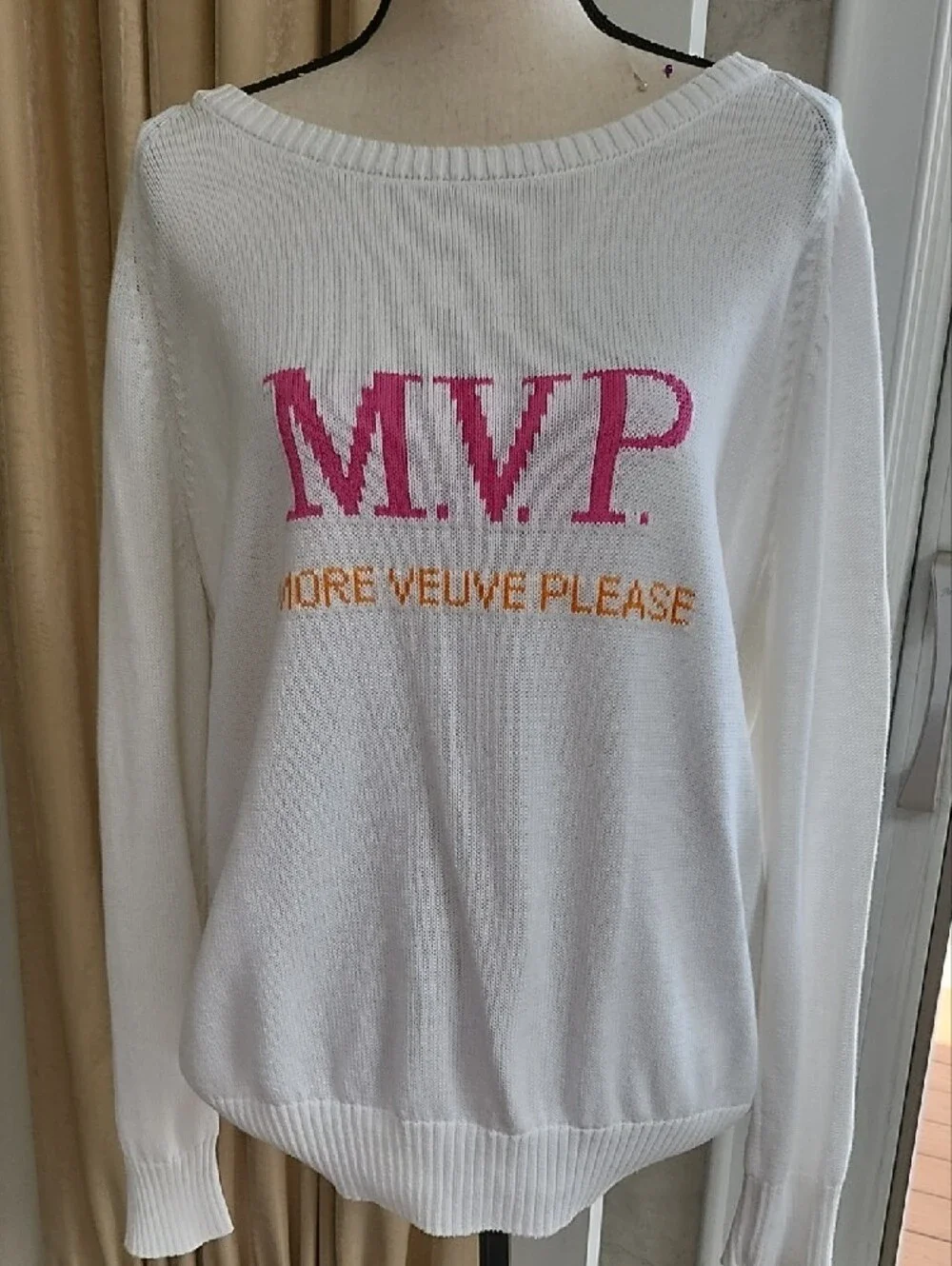 White 'M.V.P.' Graphic Sweater with Pink and Orange Accents